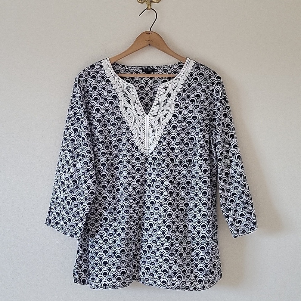 Talbots Black White Popover Crochet VNeck 3/4 Sleeves Size Large